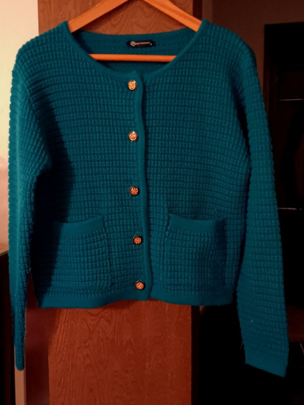 PrettyGarden Teal Textured Knit Cardigan Sweater, metal buttons, Sz Sm - Picture 2 of 3